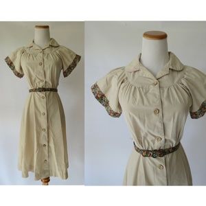 Vintage Khaki Floral Shirt Dress